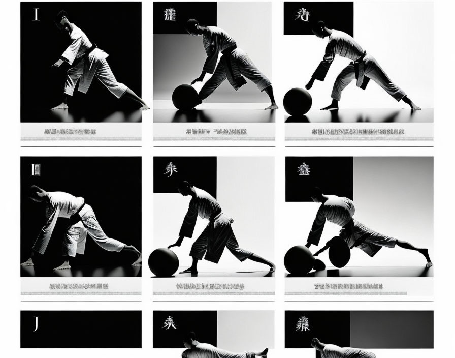 Monochrome collage of dynamic martial arts poses with Chinese characters