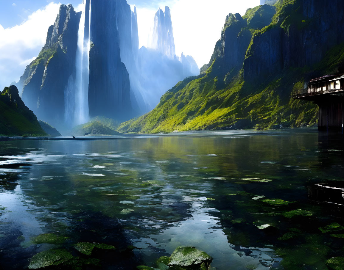 Tranquil mountain landscape with lake, waterfalls, and wooden structure