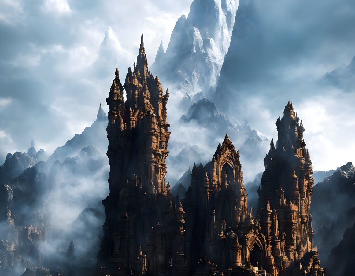 Stone Castles with Spires Amidst Mist and Mountain Peak
