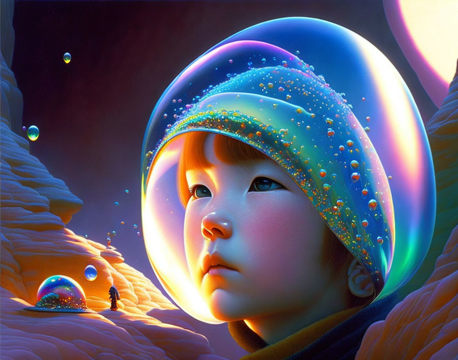 Child in jacket mesmerized by luminous bubbles in mystical landscape