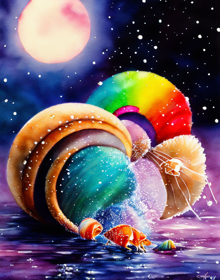 Colorful Watercolor Painting of Rainbow Snail under Night Sky