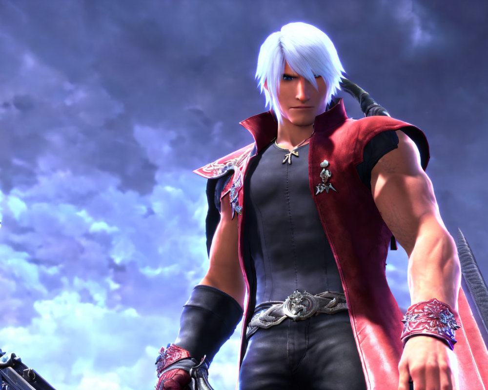 White-Haired Animated Character in Red Coat Against Dramatic Sky