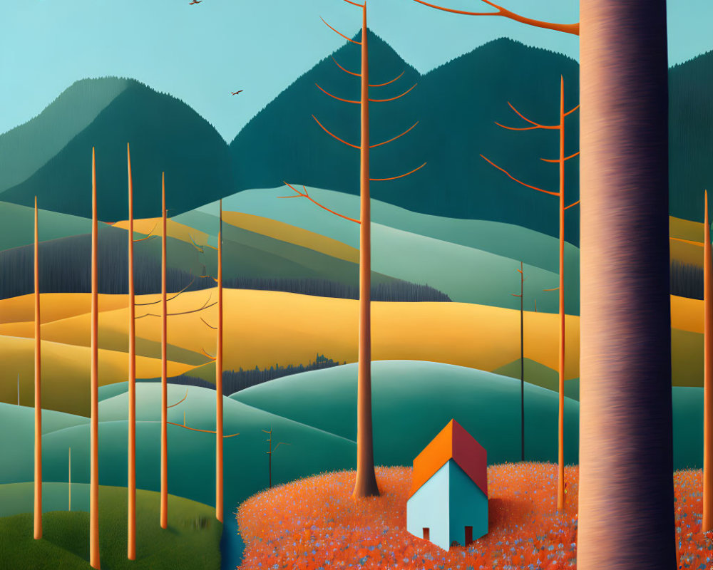 Stylized landscape with small house in orange fields
