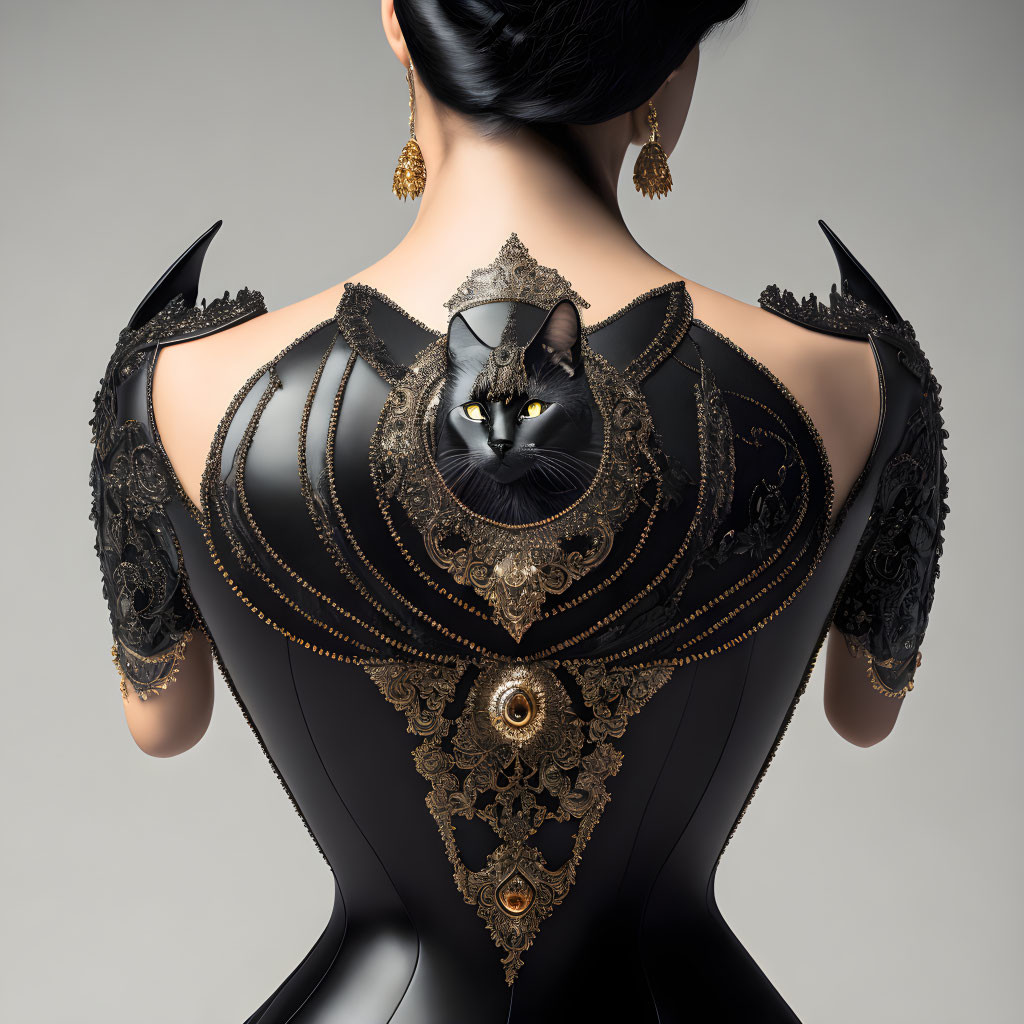 Elegant woman in black lace bodysuit with gold accents and mysterious cat graphic
