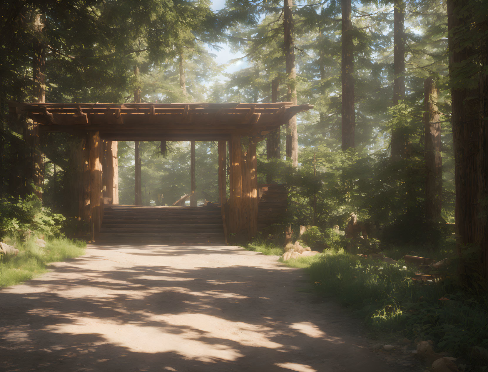 Tranquil Forest Path with Wooden Gate and Sunlight Filtering Through Trees