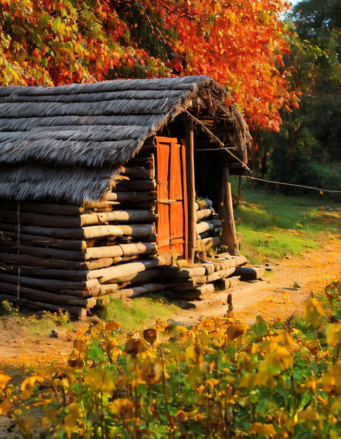 Rustic log cabin with thatched roof in autumn foliage landscape
