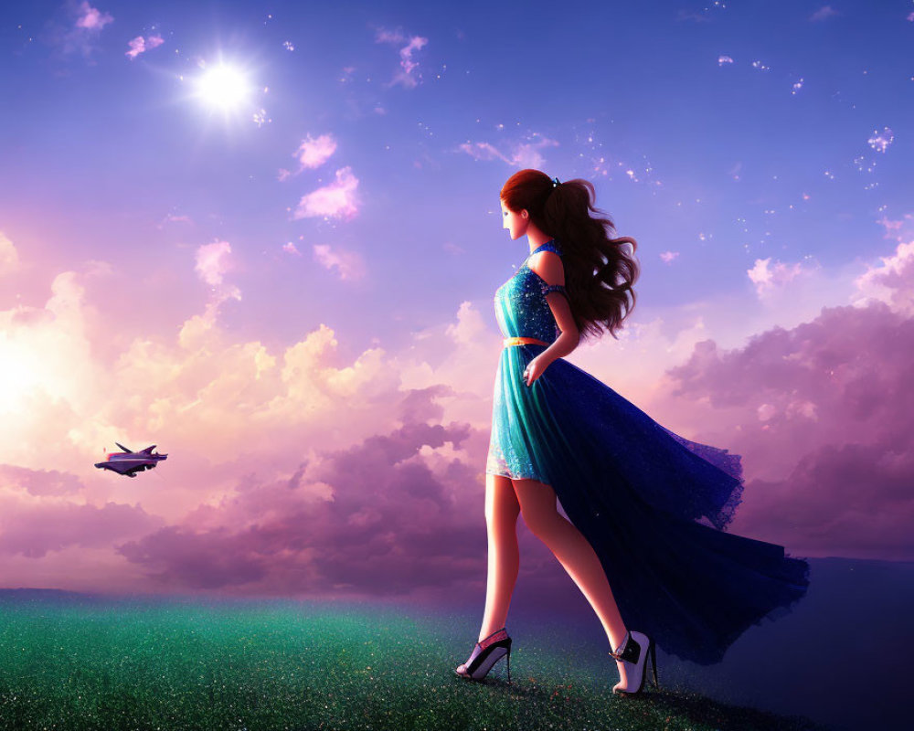 Woman in Blue Dress Gazes at Sunset with Starry Sky and Airplane in Distance