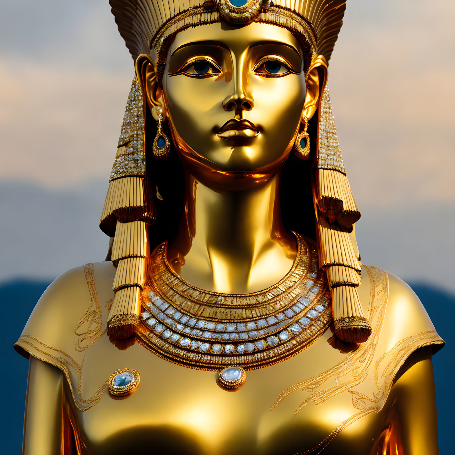 Golden Egyptian statue with pharaoh headdress and jewelry against twilight sky