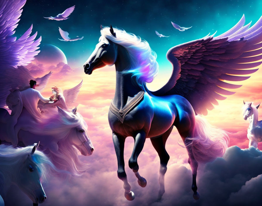 Majestic winged horses flying in twilight sky