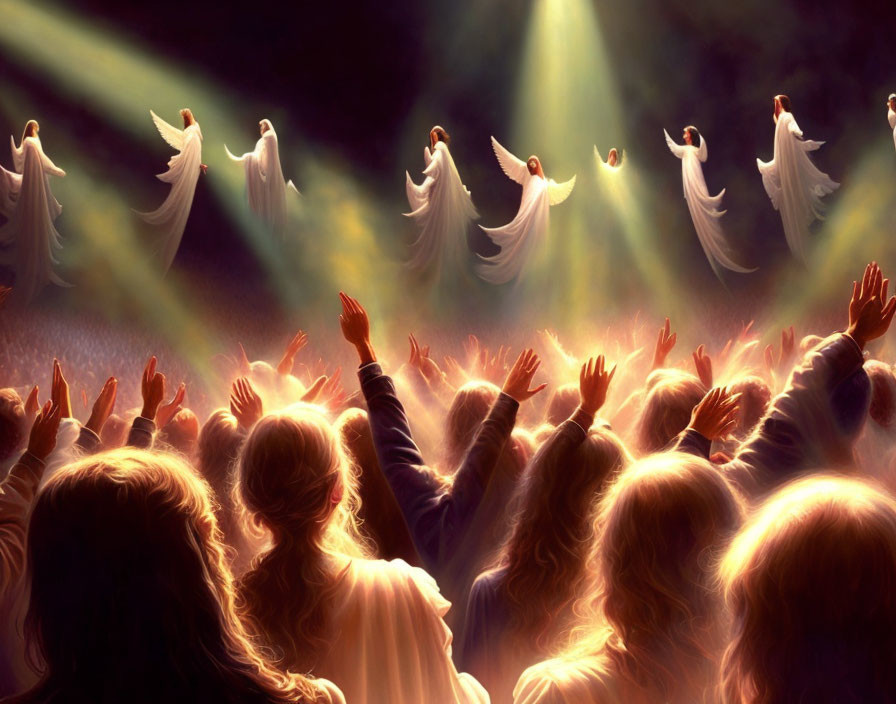 Group of People Reaching Out to Ethereal Figures in Otherworldly Scene