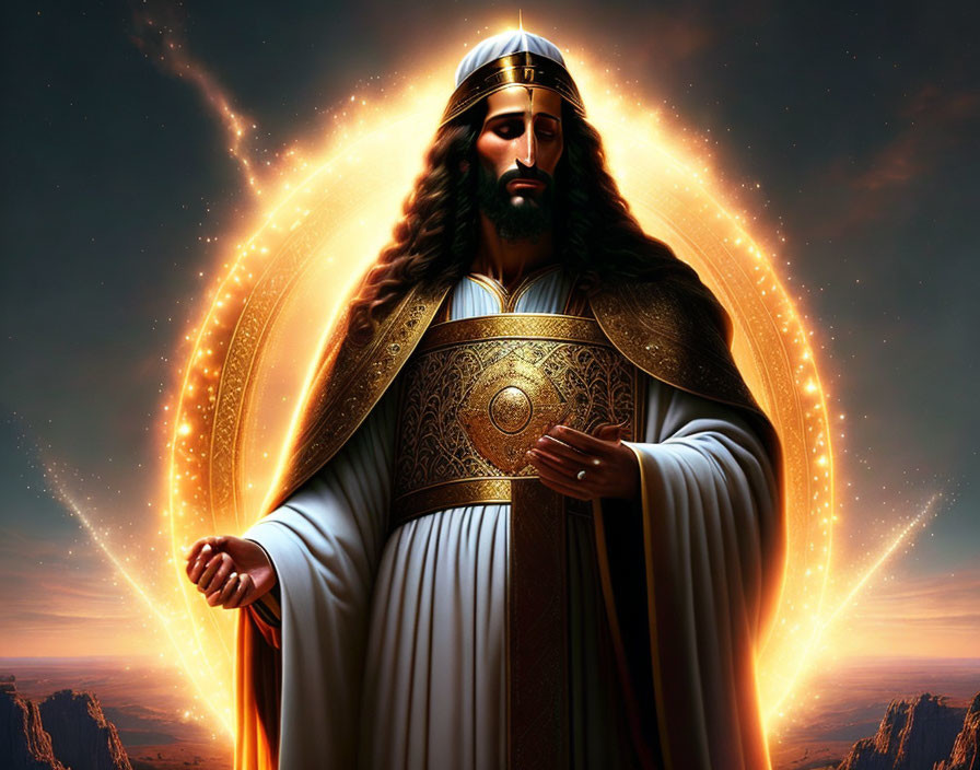 Regal figure with halo, robes, crown, and scepter in luminous backdrop