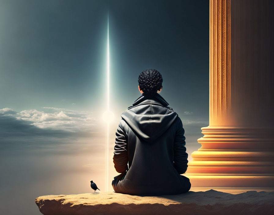 Person in black jacket sitting on cliff edge near ancient pillar and beam of light with bird