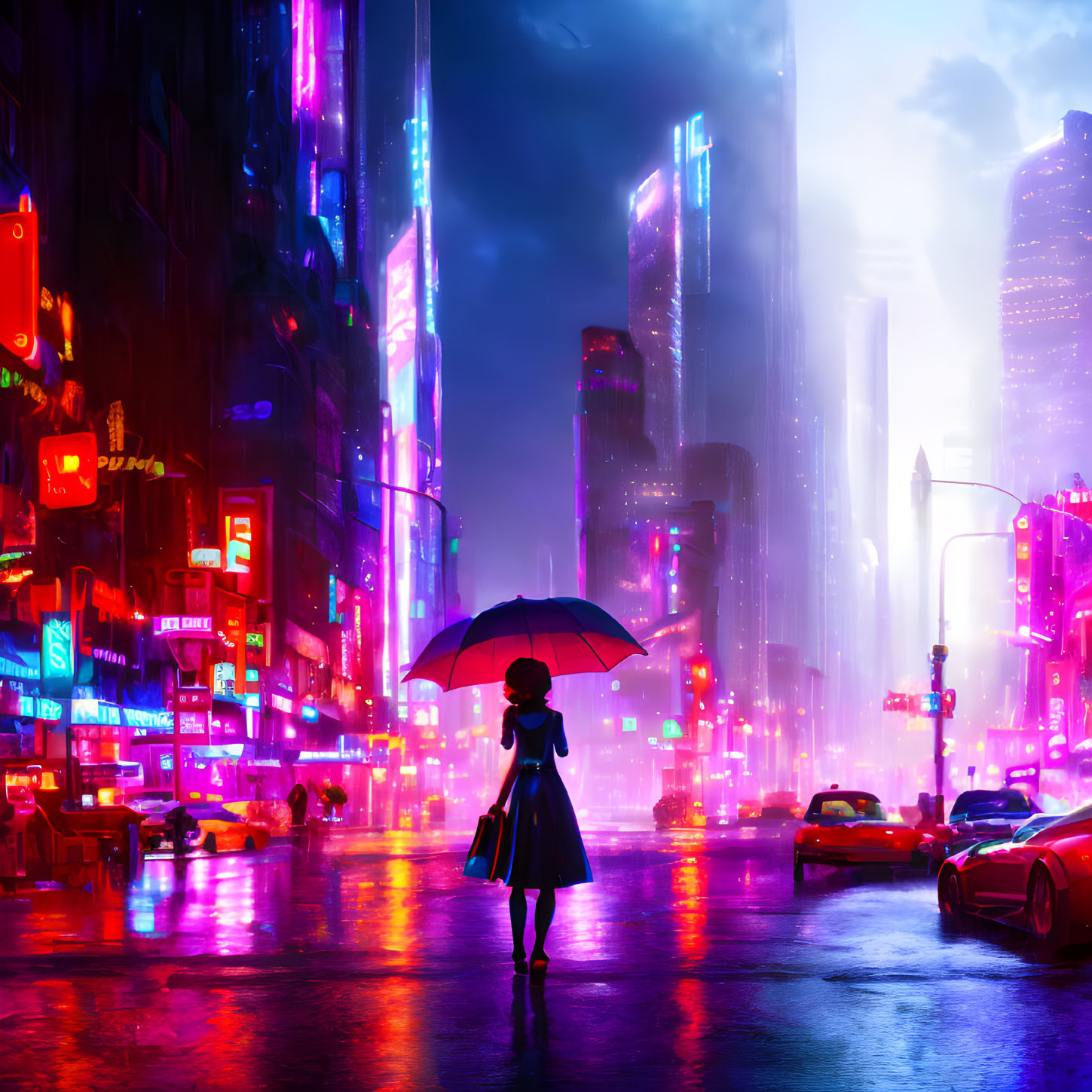 Person with umbrella on neon-lit rainy city street at night