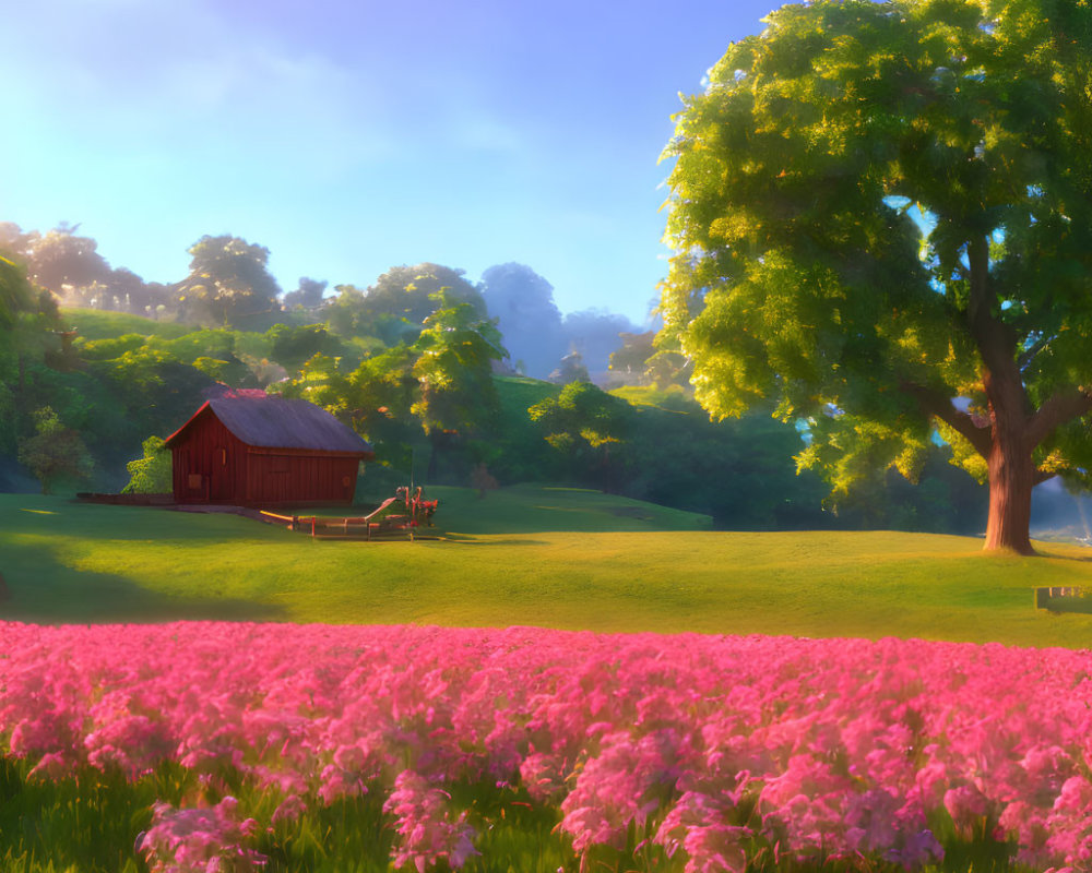 Rural landscape with red barn, green hill, tree, and pink flower field