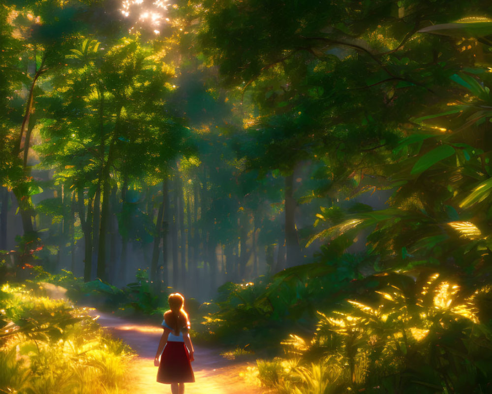 Person walking on forest path under golden sunlight through lush green trees