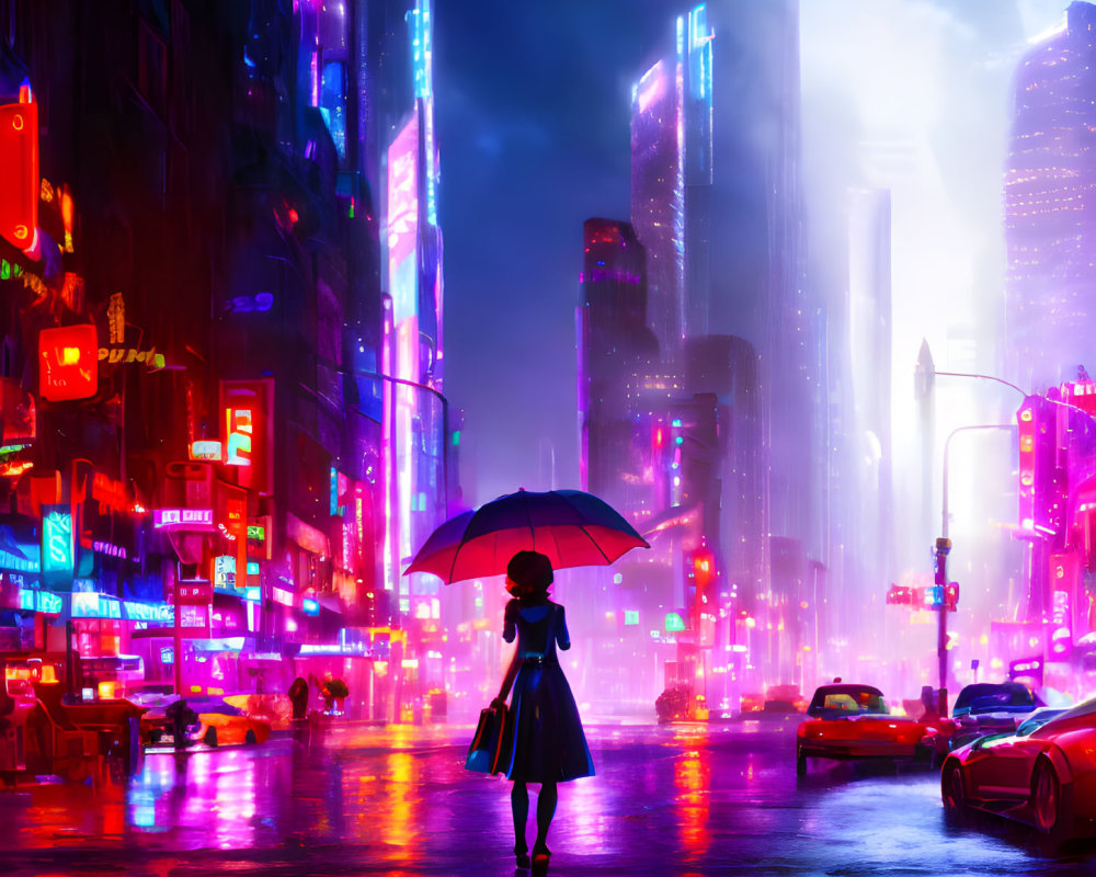 Person with umbrella on neon-lit rainy city street at night