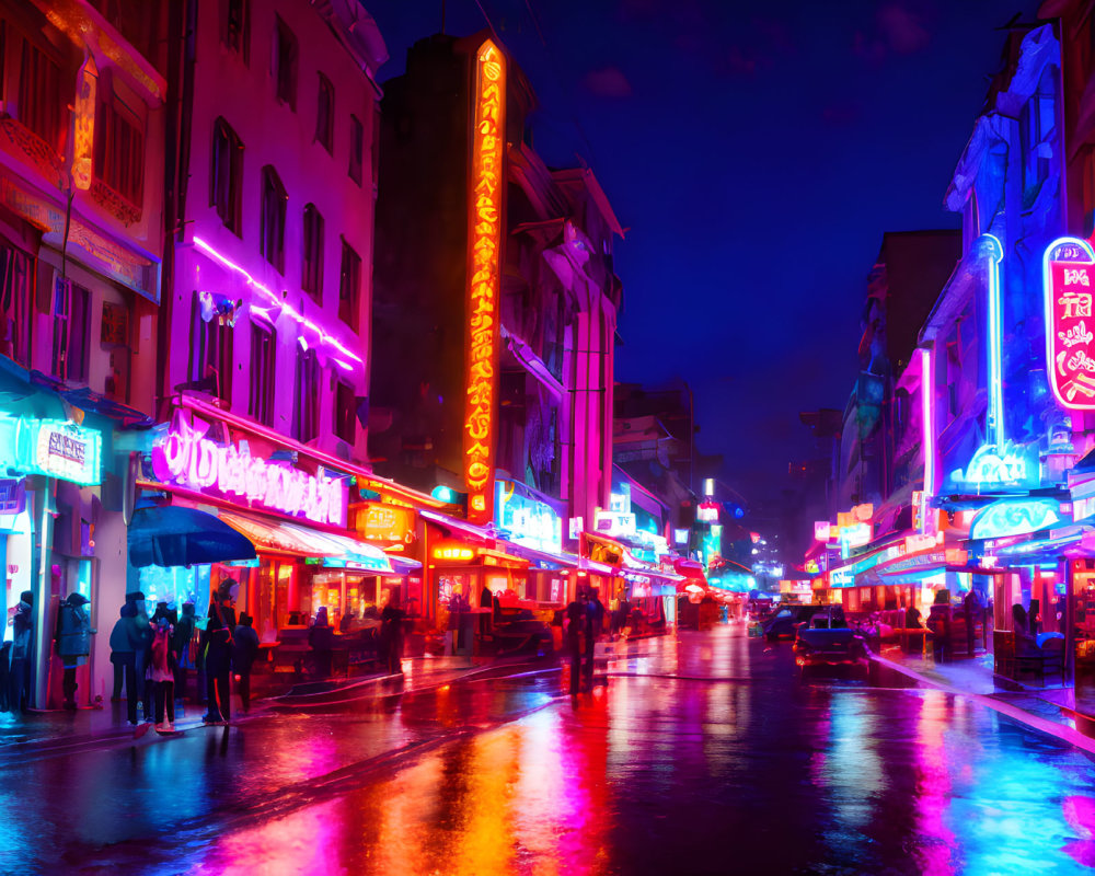 Colorful Neon-Lit City Street at Night with Pedestrians