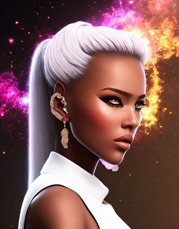 Digital artwork: Woman with white hair, bold makeup, sparkling earrings, cosmic background.