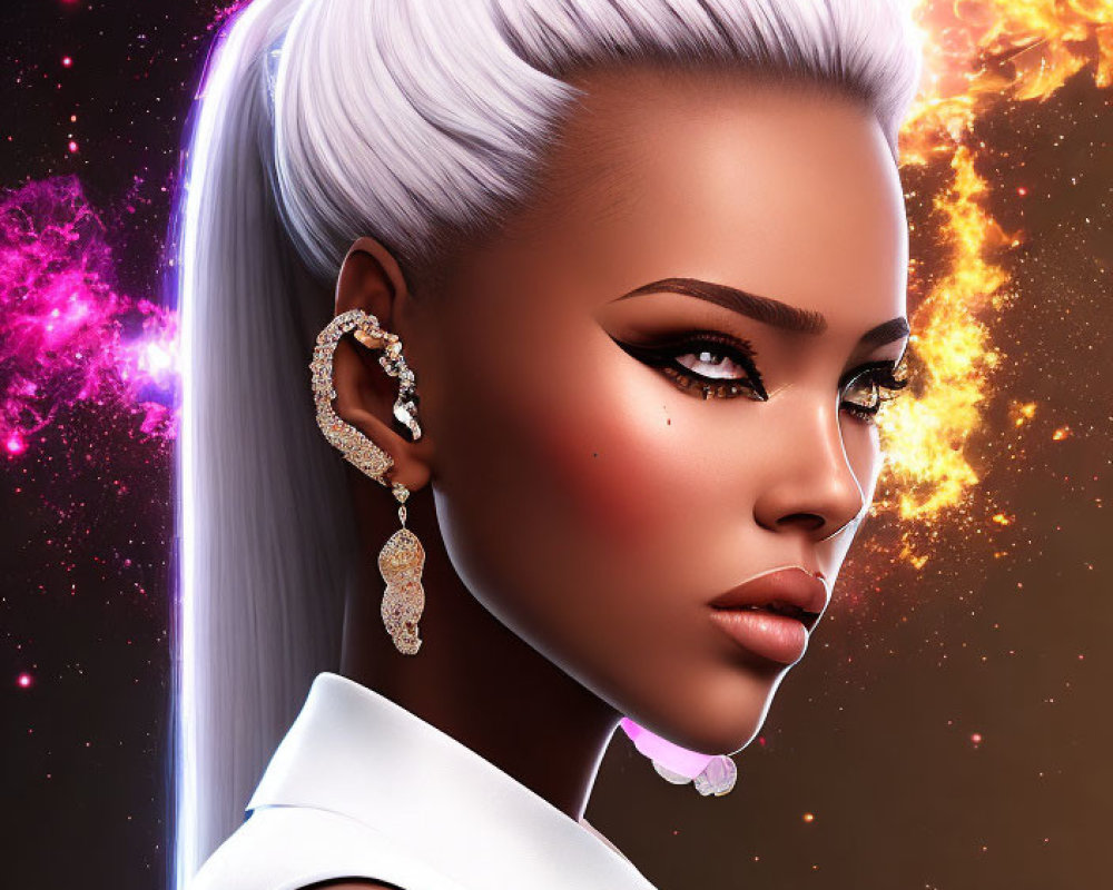 Digital artwork: Woman with white hair, bold makeup, sparkling earrings, cosmic background.