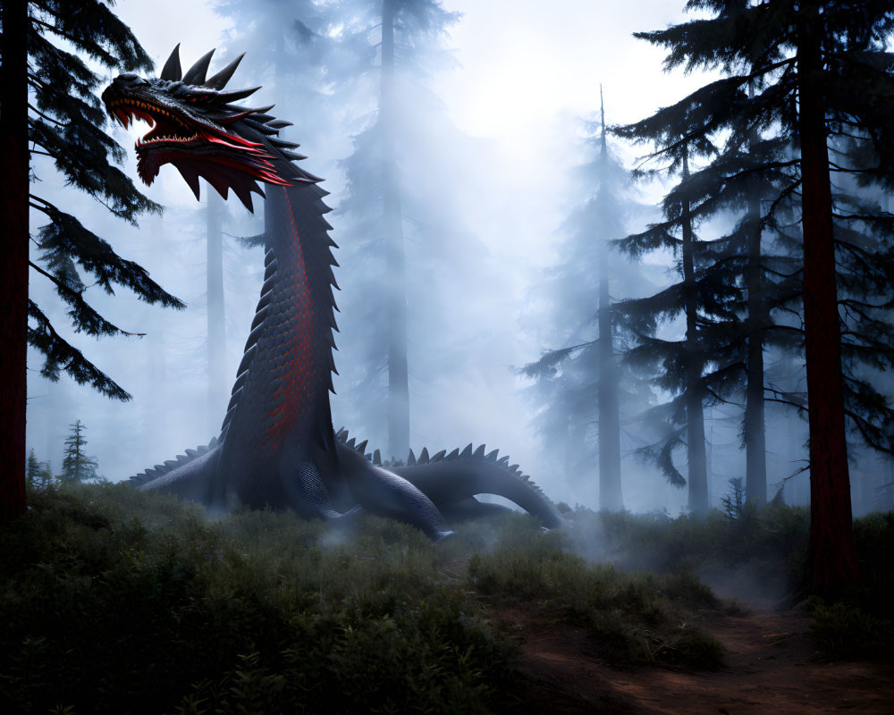 Black and red dragon roaring in misty forest among pine trees