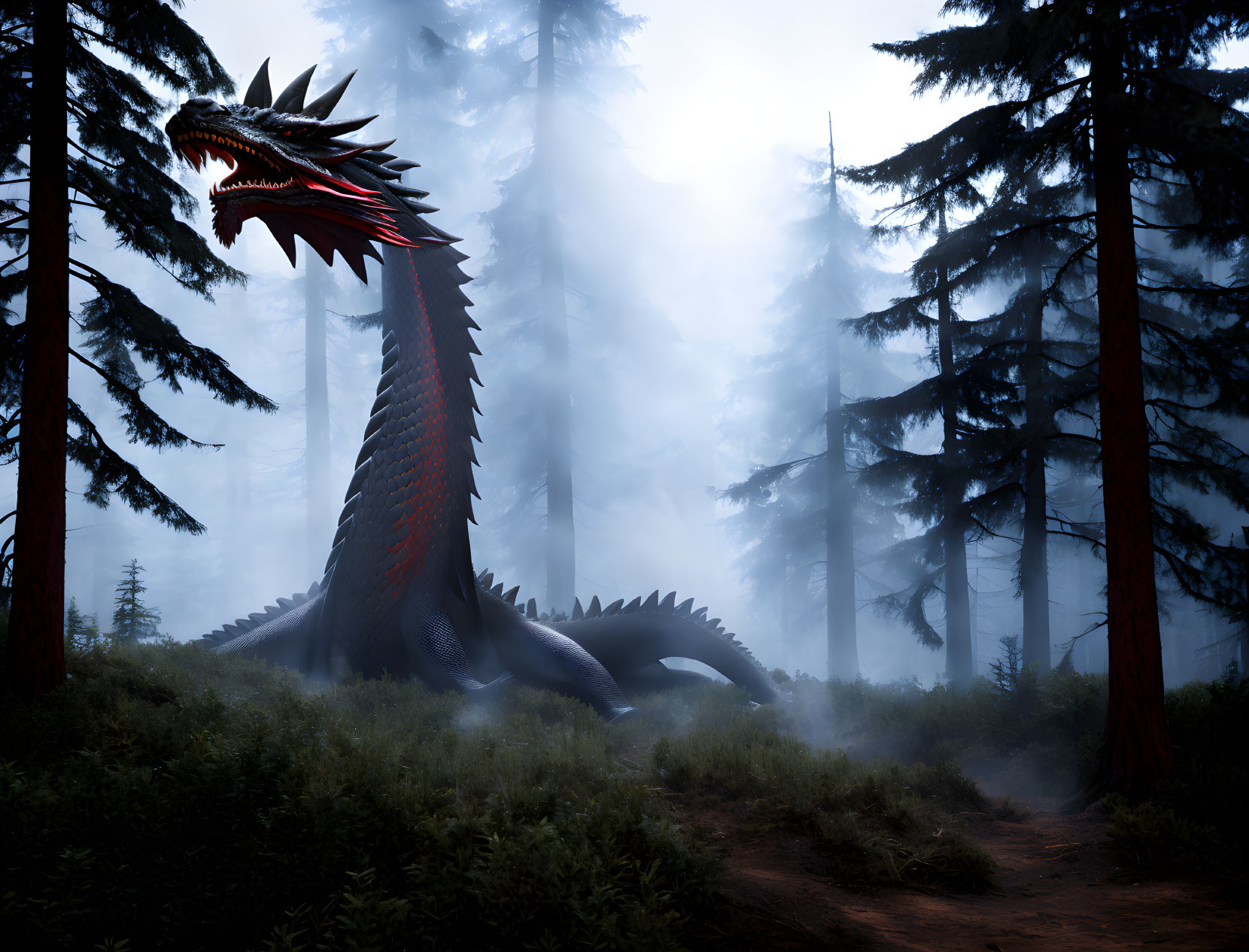 Black and red dragon roaring in misty forest among pine trees