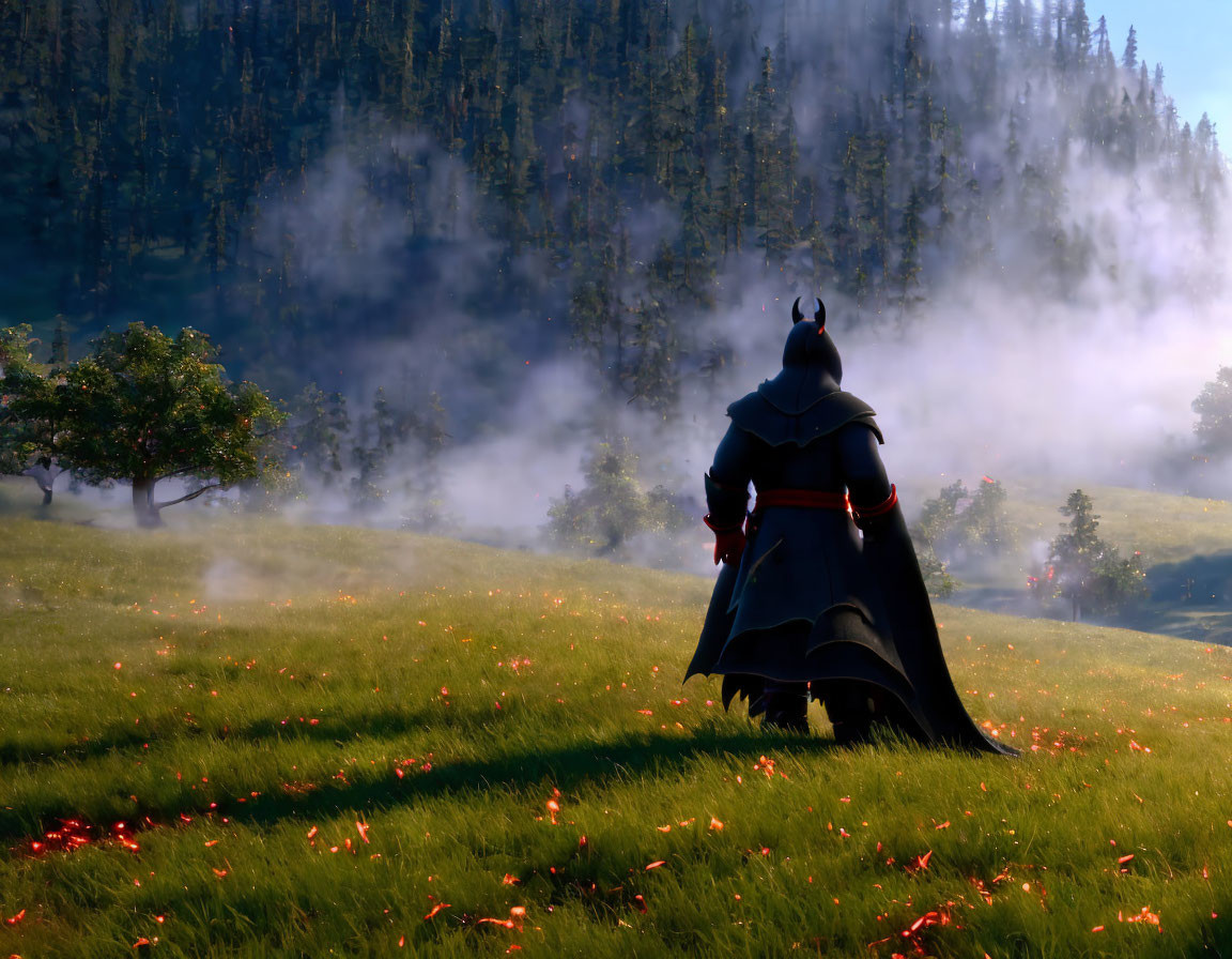 Caped Figure in Misty Meadow with Morning Light