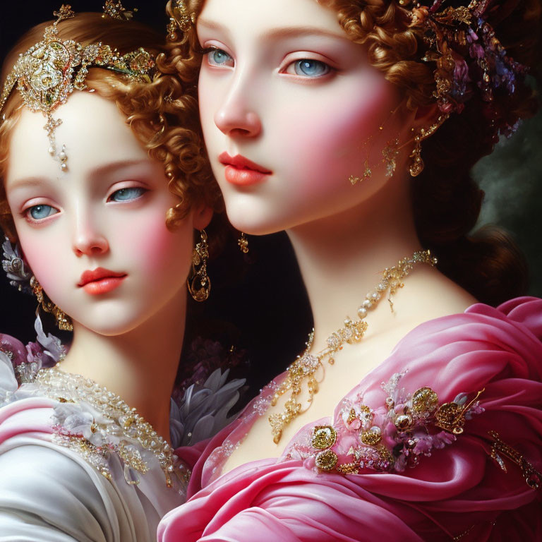 Classical painting of two women with elaborate hairstyles and vibrant gowns