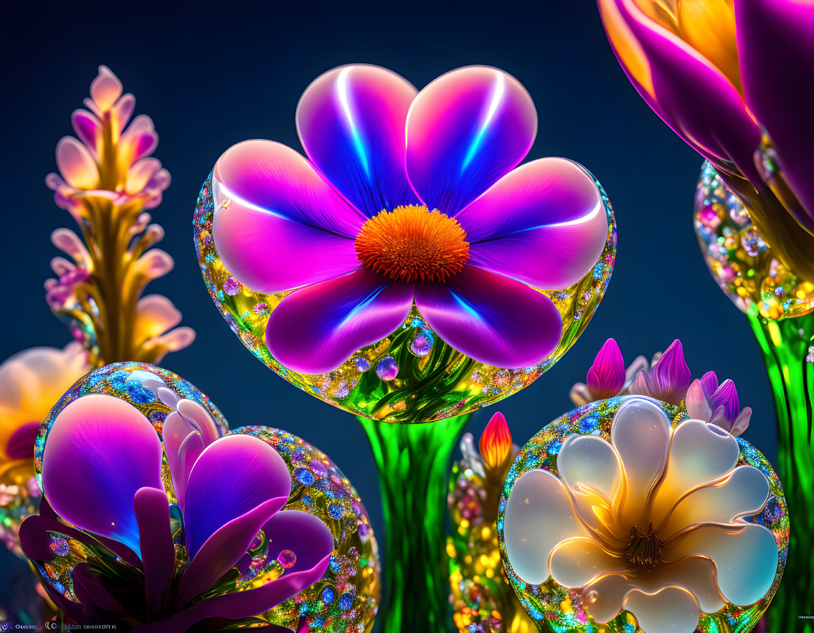 Fantastical flowers with iridescent petals on dark blue - Stunning Digital Artwork