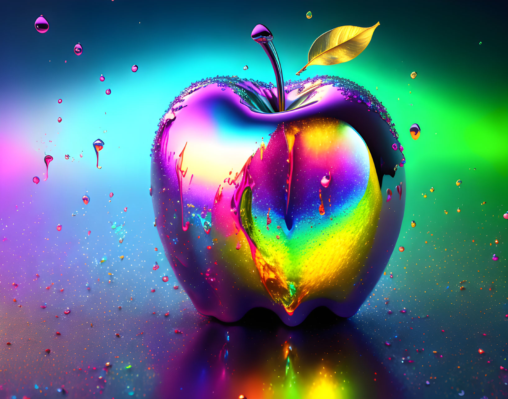 Colorful Heart-Shaped Apple with Metallic Sheen on Rainbow Background