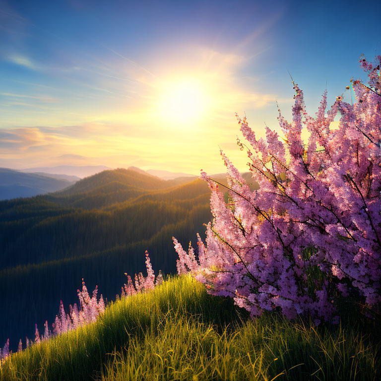 Scenic sunset over hilly landscape with pink blooming trees