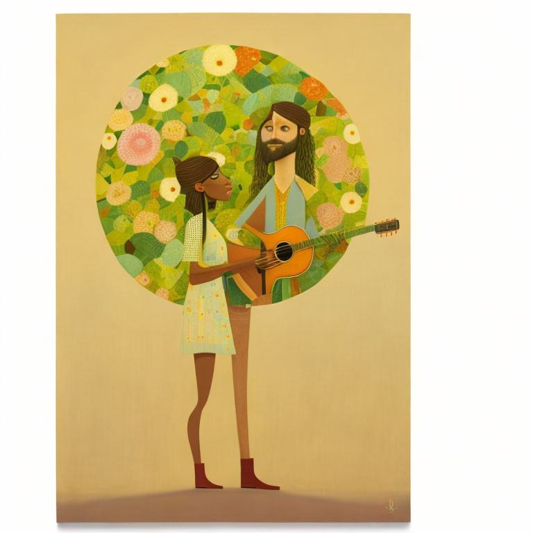 Bearded man playing guitar with woman in floral setting