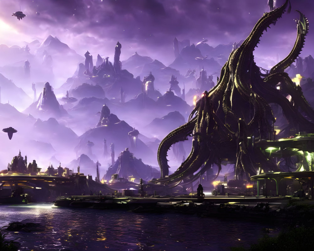 Futuristic dusk scene with alien architecture, tentacled creature, and flying vehicles.
