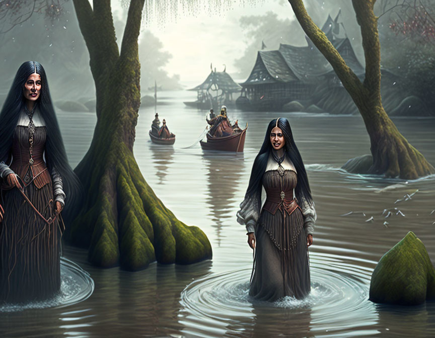 Identical women in water and on land with boats in serene forest setting