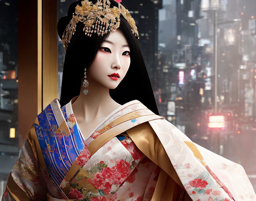 Woman in ornate kimono and Japanese headdress with blurred cityscape.