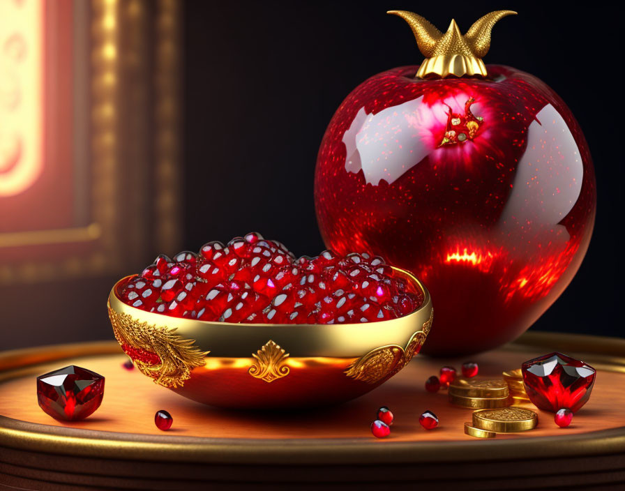 Luxurious golden-rimmed bowl with pomegranate seeds, glittery whole fruit, gems
