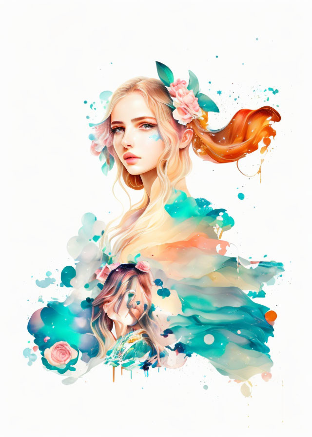 Woman with flowing hair and floral accents in vibrant watercolor splashes.