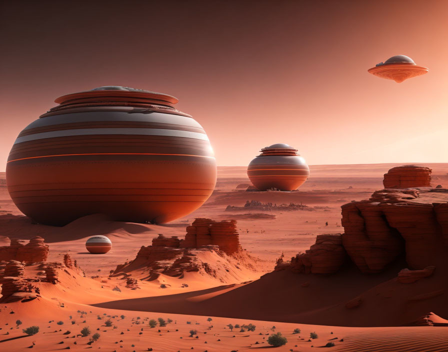 Surreal desert landscape with striped spherical structures and flying saucers