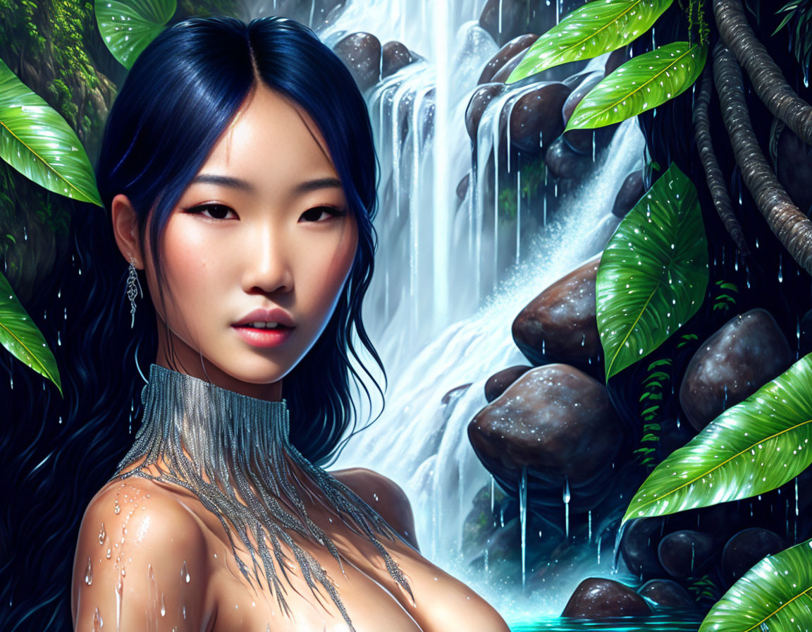 Digital portrait of woman with blue hair in tropical setting with waterfall