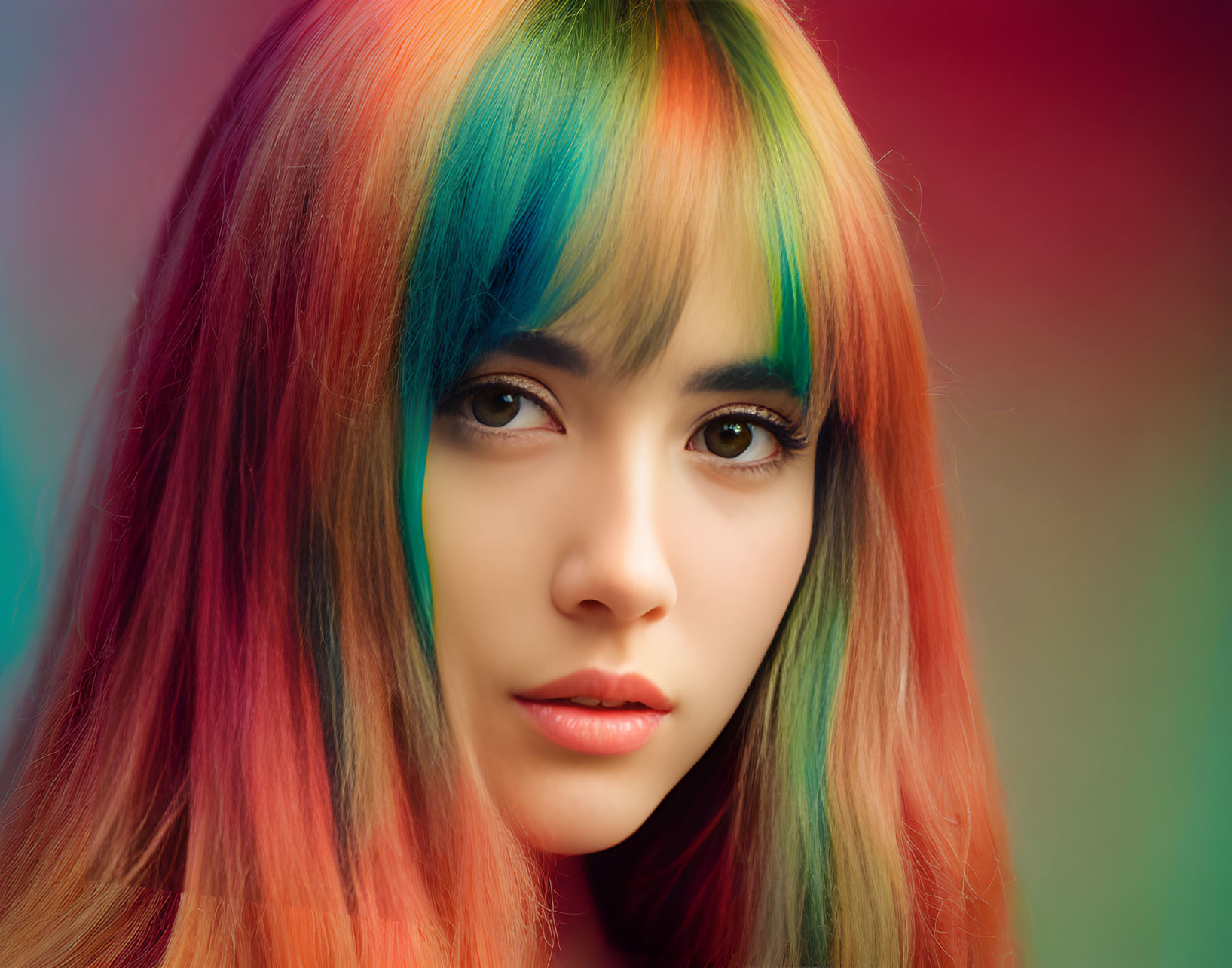 Colorful portrait of a person with rainbow hair and bangs on vibrant backdrop
