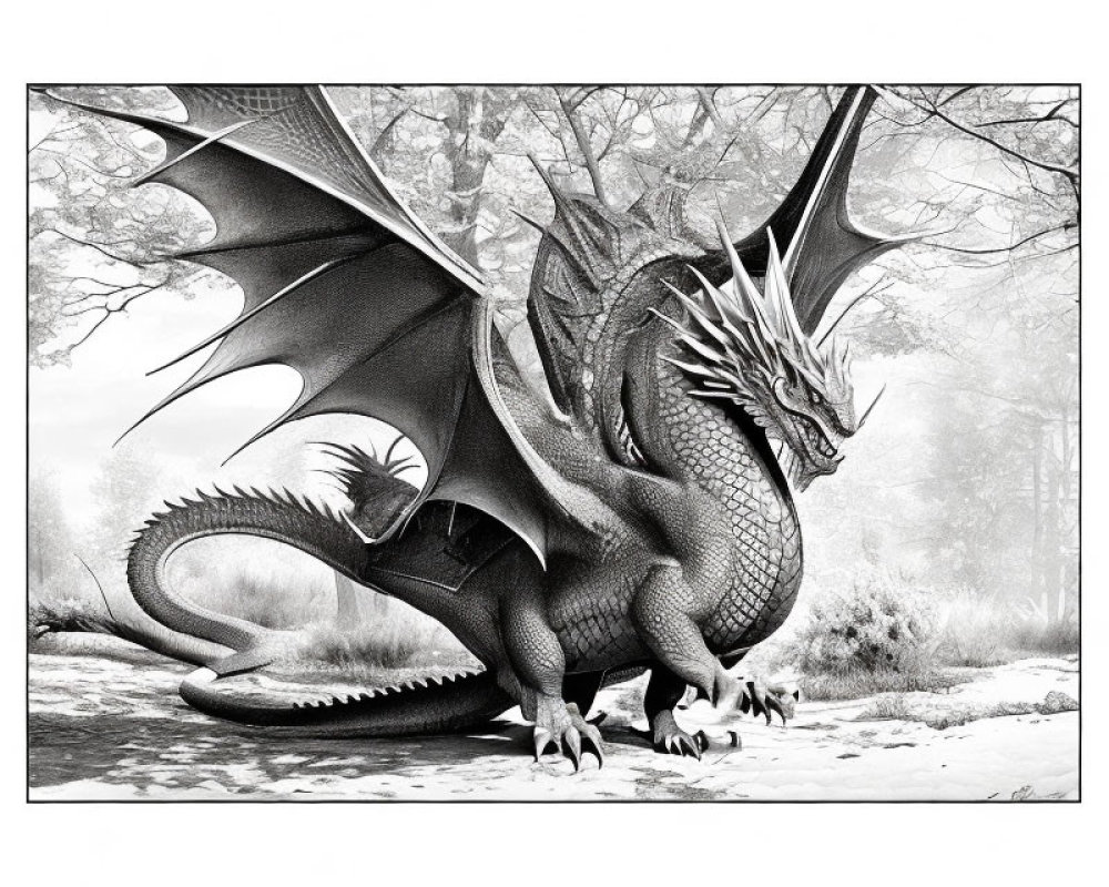 Detailed black and white dragon drawing in misty forest