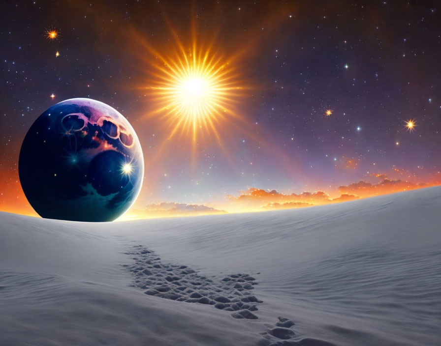 Surreal snow landscape with footprints, oversized planet, and celestial explosion