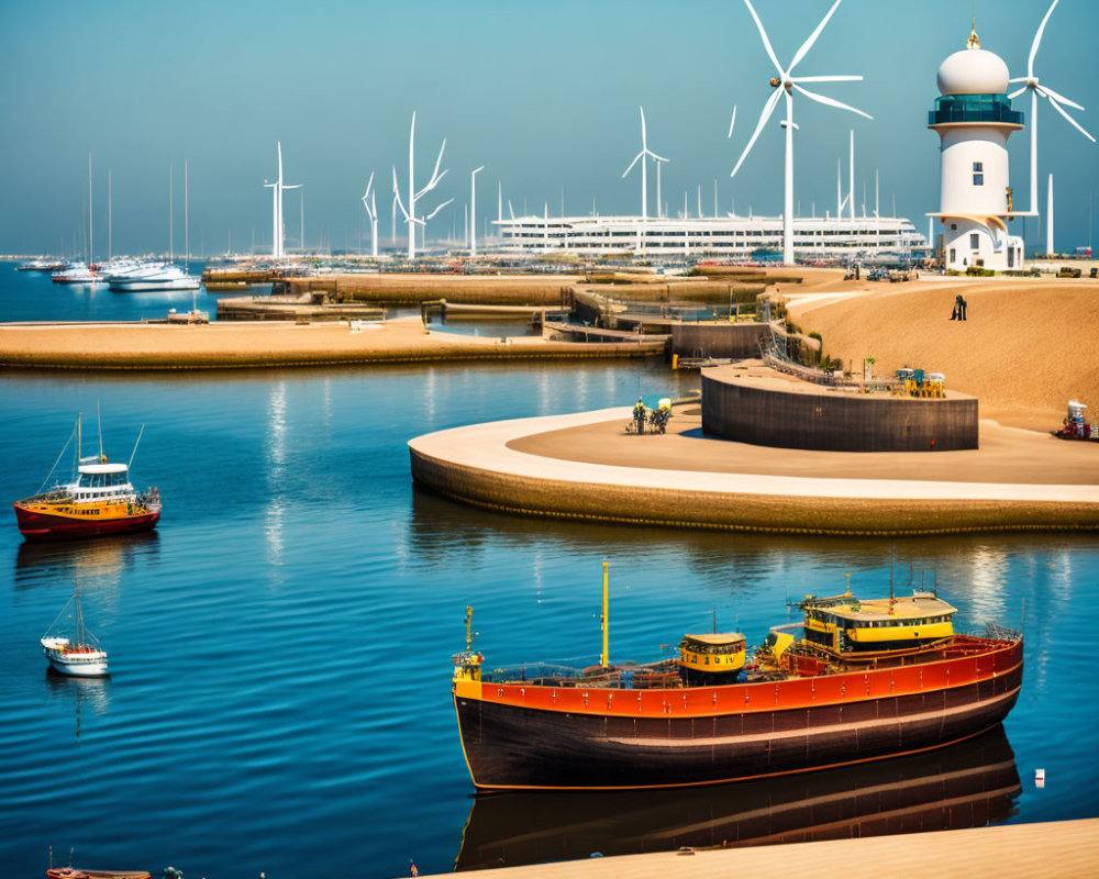 Scenic coastal view with lighthouse, cargo ship, wind turbines, and small boats