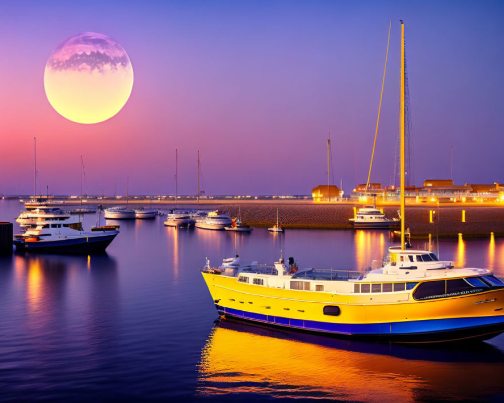 Tranquil harbor scene with yachts at twilight under full moon