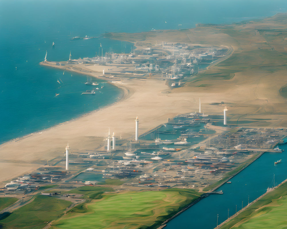 Coastal Industrial Area with Wind Turbines, Docks, and Ships