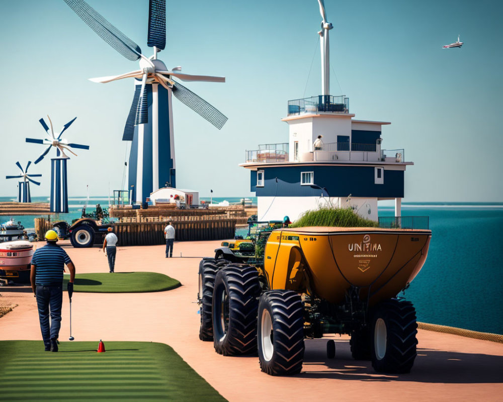 Coastal golf course scene with golfer, yellow tractor, lighthouse, and wind turbines