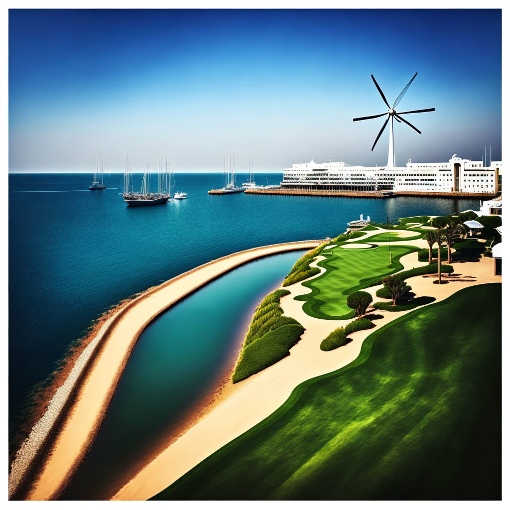 Manicured green lawn, sandy beach, yachts, cruise ship, wind turbine by the coast