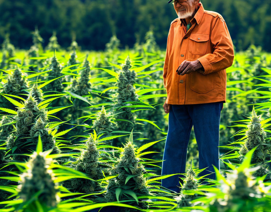 Elderly Man in Orange Jacket Among Tall Cannabis Plants