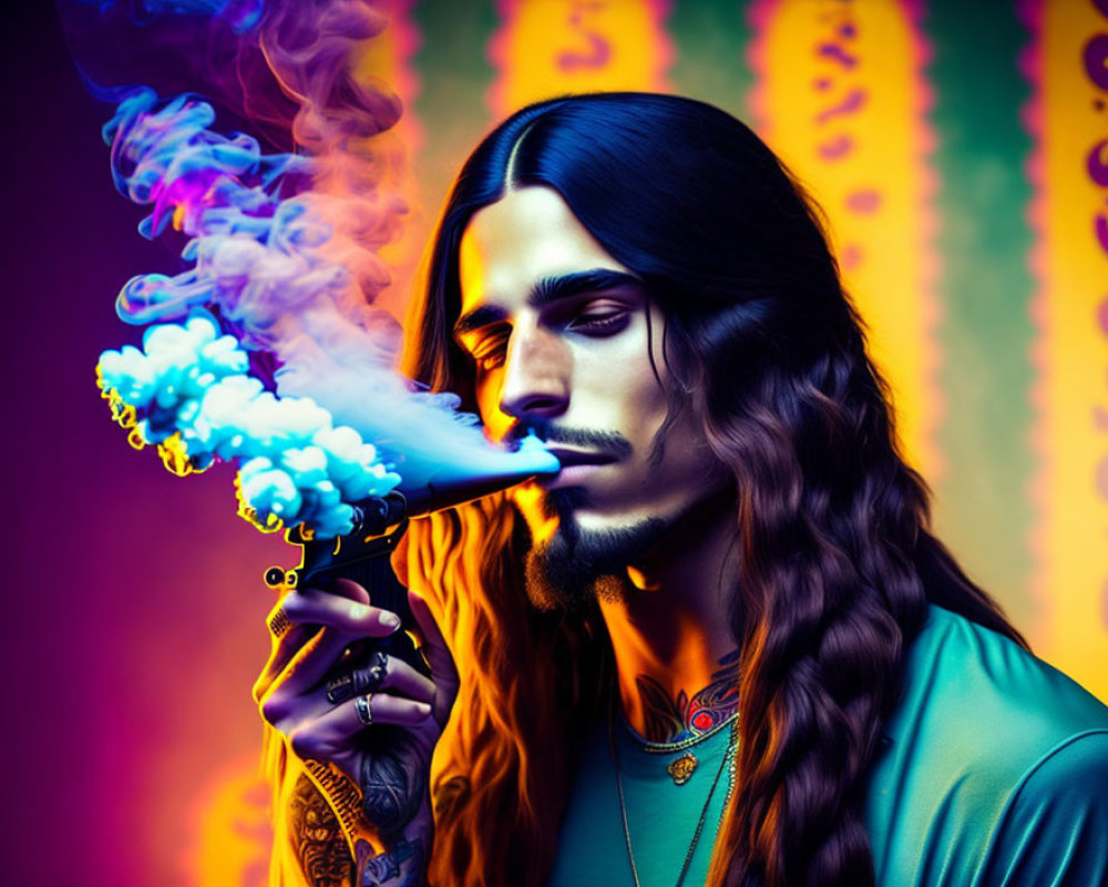 Braided hair person exhales colorful smoke on vibrant backdrop
