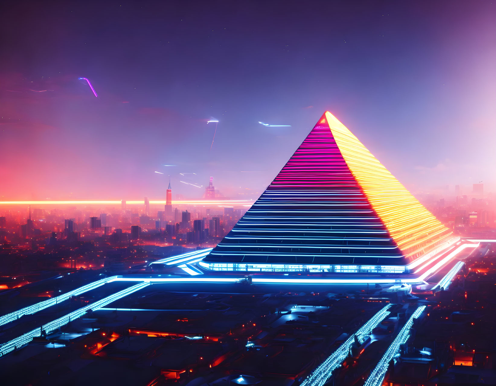 Futuristic neon-lit pyramid in cityscape with flying vehicles