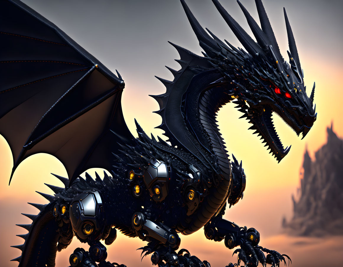 Mechanical dragon with black metallic scales, red eyes, and wings on rocky terrain.